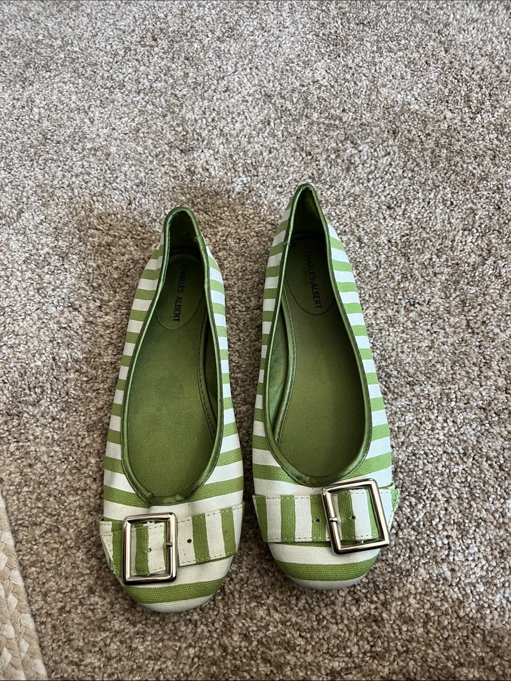 Charles Albert Green and White Striped Buckle Ballet Flats